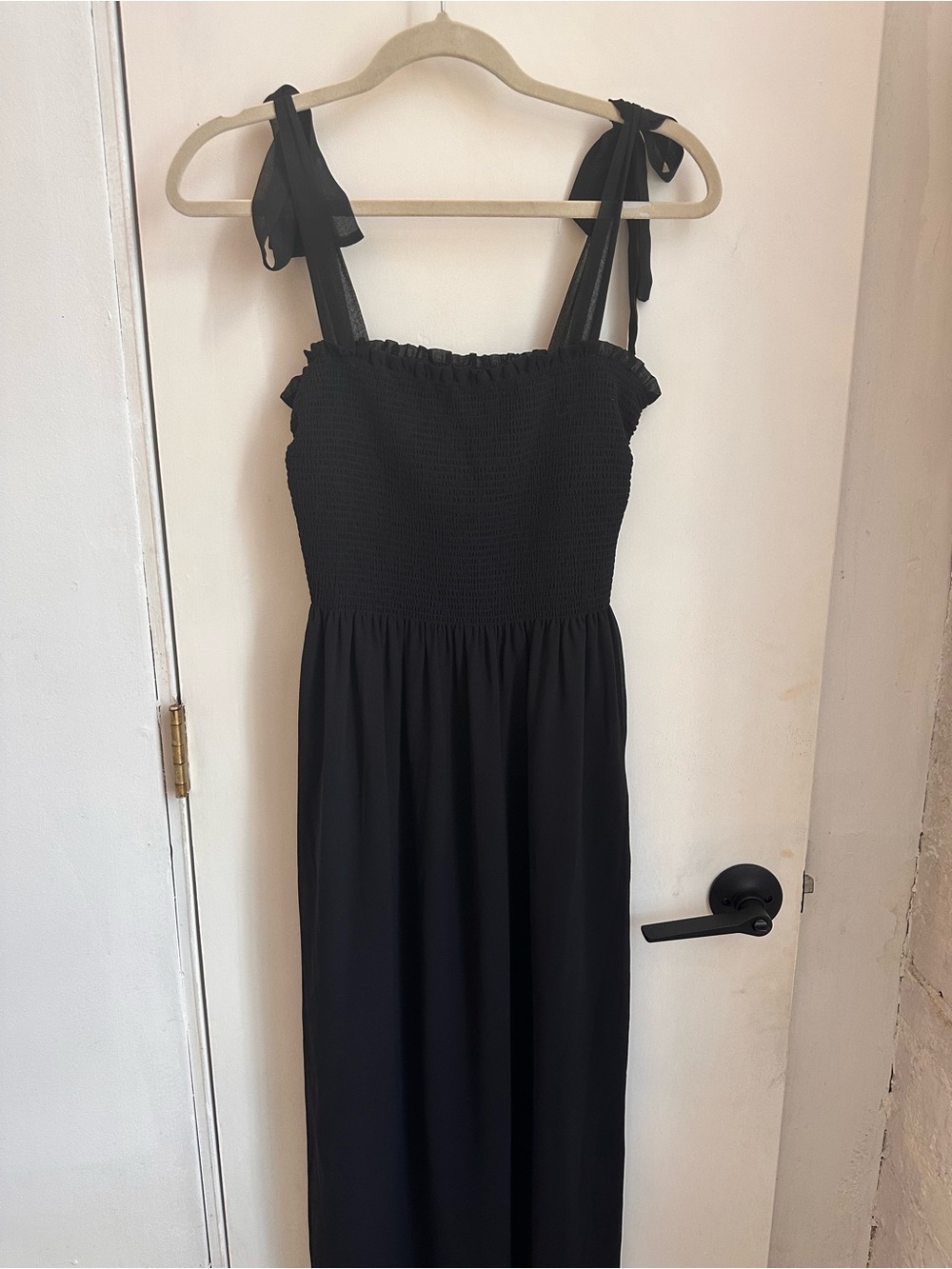 Aritzia Black Smocked Midi Dress with Tie Straps